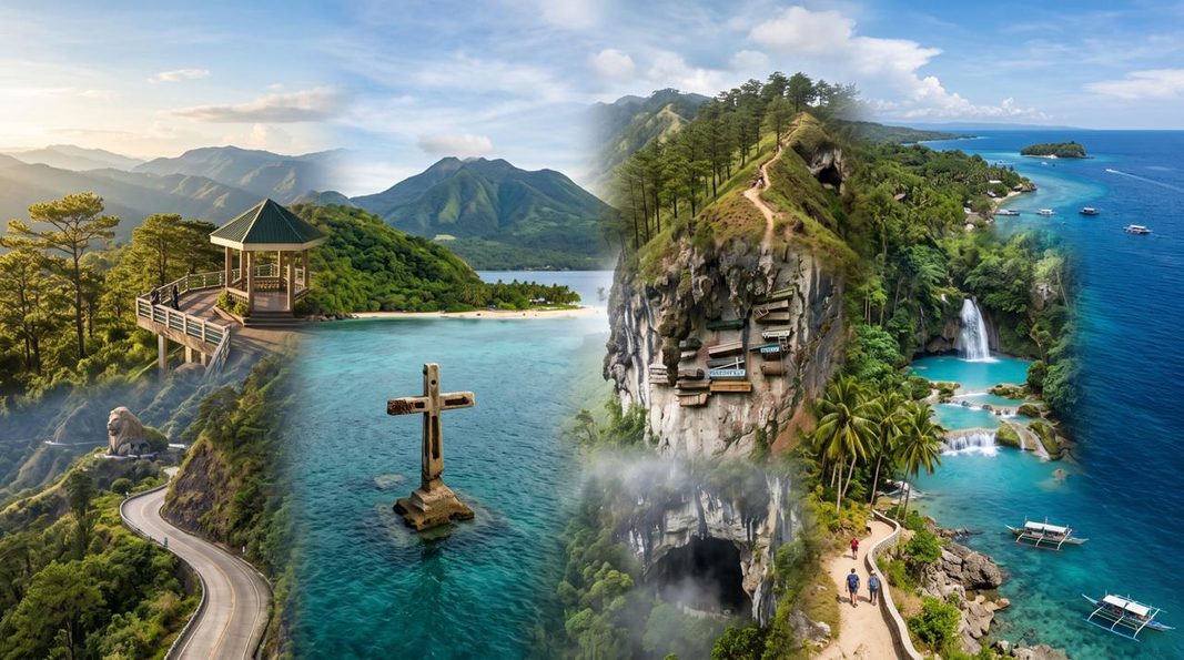 12 Best Places to Visit in the Philippines in October: You’ll Love These! Collage of Philippine mountains, beaches, waterfalls, and Camiguin's offshore cemetery cross