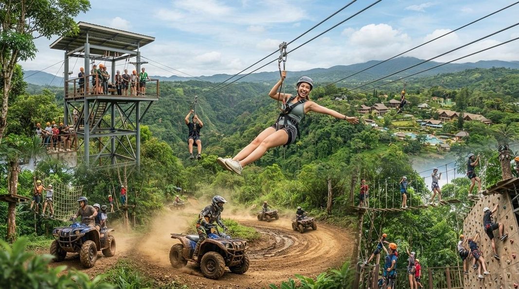 Adventure park scene with a zipline rider, an ATV trail, and an elevated ropes course