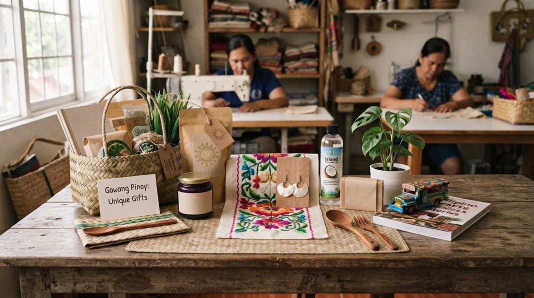 Top Filipino Small Businesses and Local Brands for Unique and Meaningful Gifts Locally made crafts, bags, and gift items displayed on a wooden table with makers working behind it