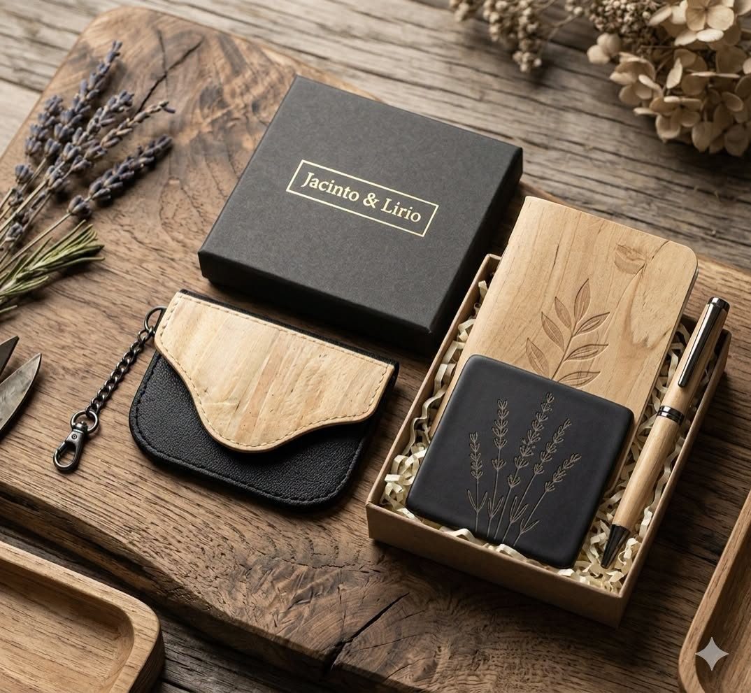 Jacinto & Lirio gift set with a notebook, pen, and small pouch in a presentation box