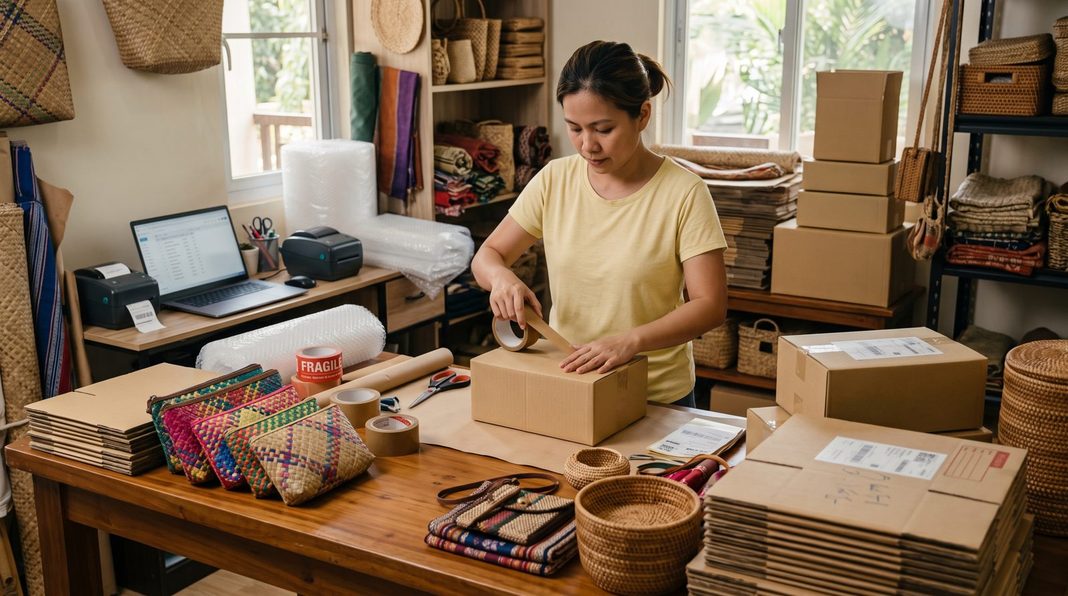 Where Do Small Businesses in the Philippines Get Their Products? 6 Sourcing Options Small shop owner packing orders beside woven products and cardboard shipping boxes